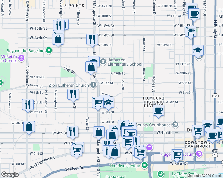 map of restaurants, bars, coffee shops, grocery stores, and more near 1111 West 8th Street in Davenport