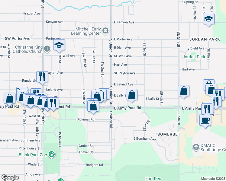 map of restaurants, bars, coffee shops, grocery stores, and more near 6210 South Union Street in Des Moines