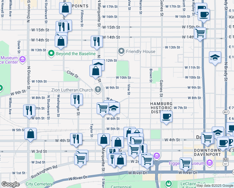 map of restaurants, bars, coffee shops, grocery stores, and more near 1101 West 9th Street in Davenport