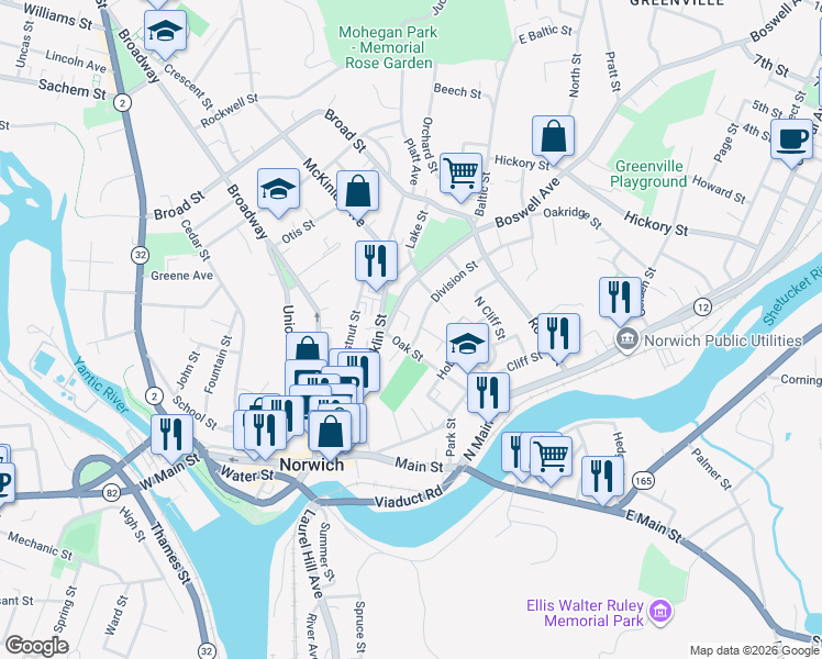 map of restaurants, bars, coffee shops, grocery stores, and more near 3 Division Street in Norwich