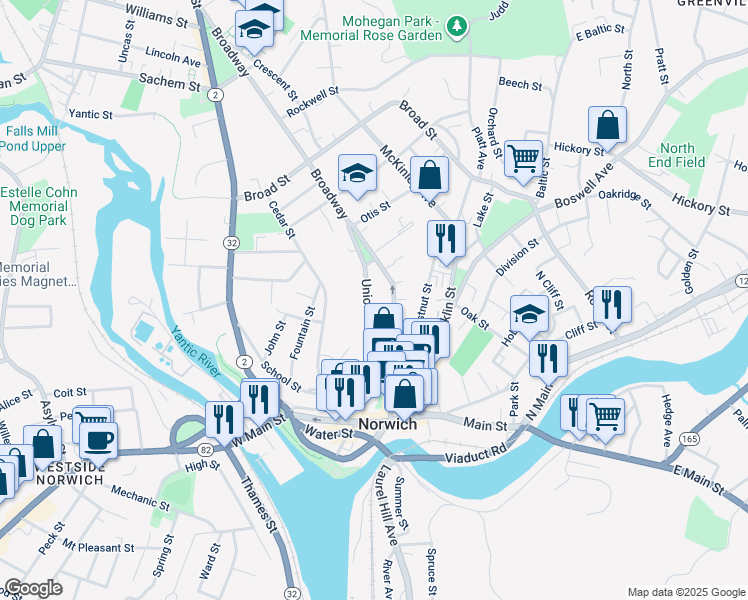 map of restaurants, bars, coffee shops, grocery stores, and more near 69 Union Street in Norwich
