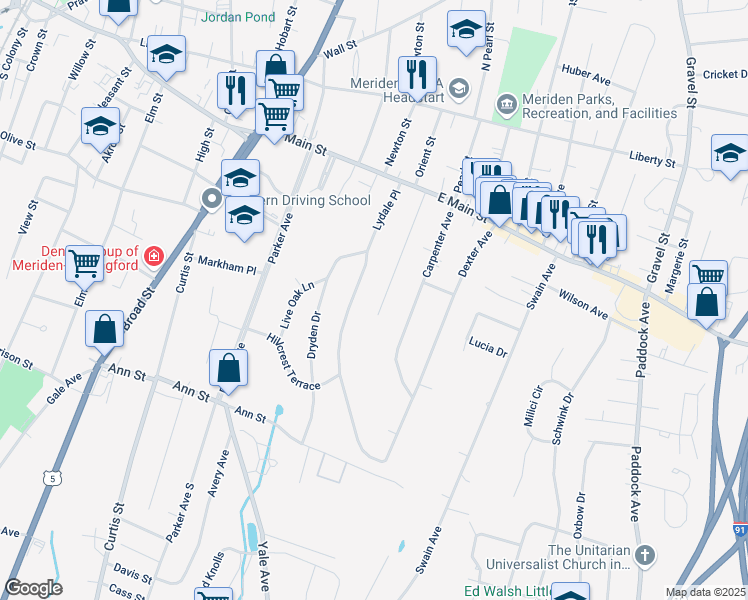 map of restaurants, bars, coffee shops, grocery stores, and more near 158 Hillcrest Terrace in Meriden