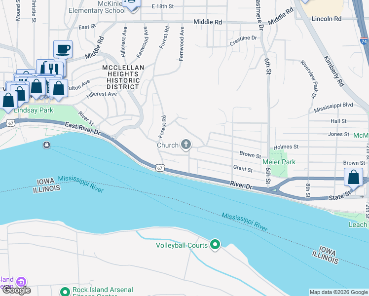 map of restaurants, bars, coffee shops, grocery stores, and more near 2745 Wooddale Ave in Davenport