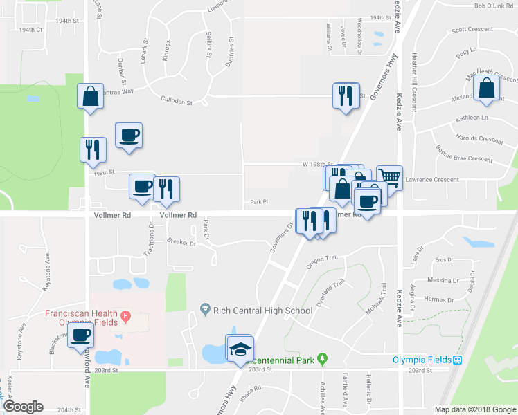 map of restaurants, bars, coffee shops, grocery stores, and more near 3535 Park Place in Flossmoor