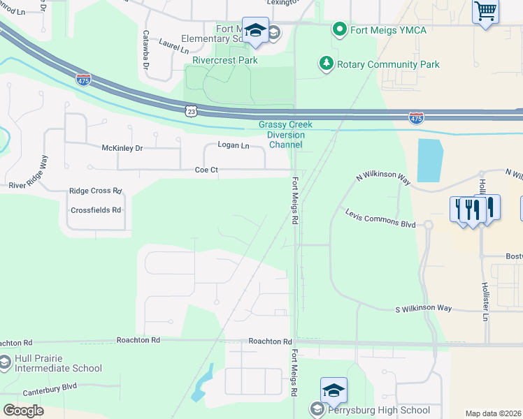 map of restaurants, bars, coffee shops, grocery stores, and more near 2010 Coe Court in Perrysburg