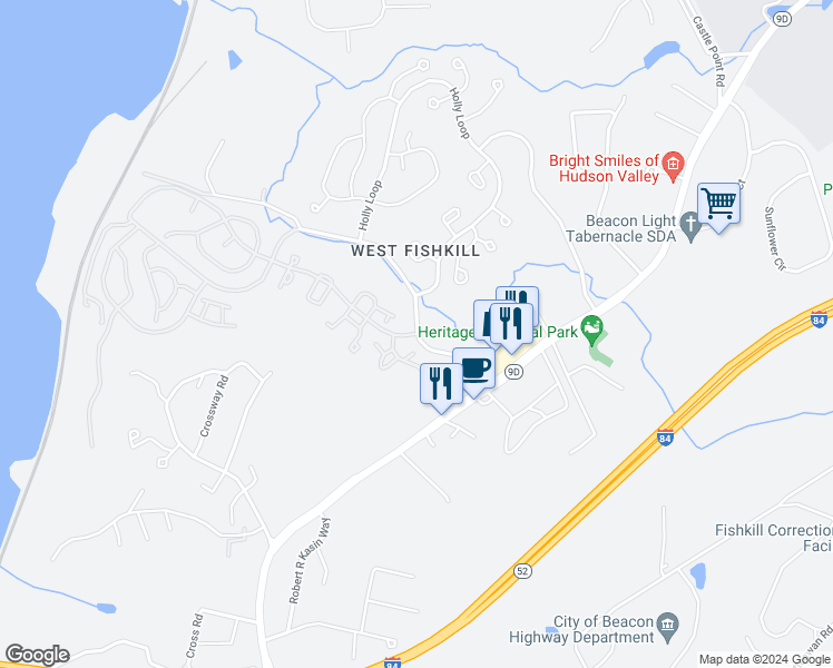 map of restaurants, bars, coffee shops, grocery stores, and more near 16 Brockway Road in Wappingers Falls