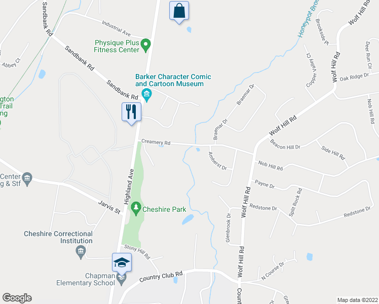 map of restaurants, bars, coffee shops, grocery stores, and more near 61 Creamery Road in Cheshire