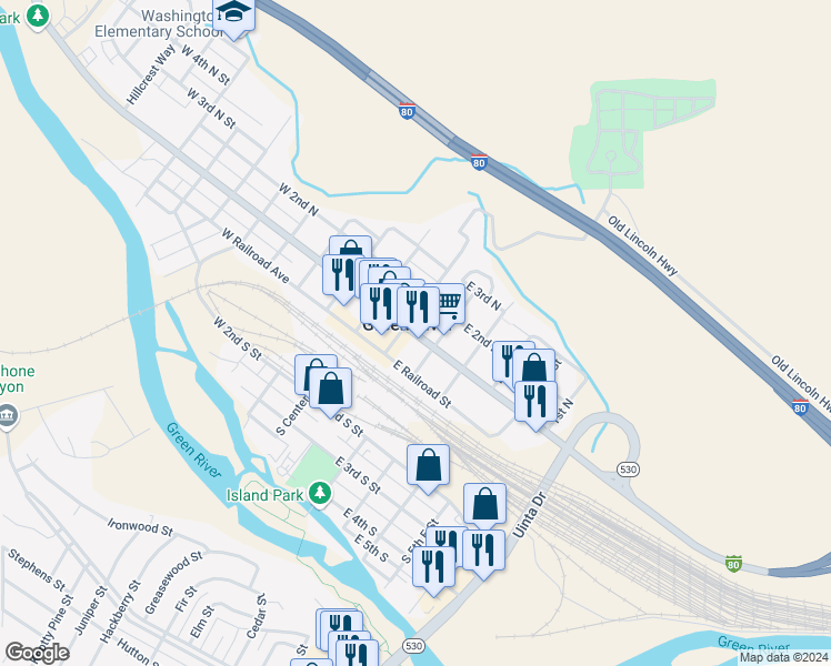 map of restaurants, bars, coffee shops, grocery stores, and more near 138 East Flaming Gorge Way in Green River