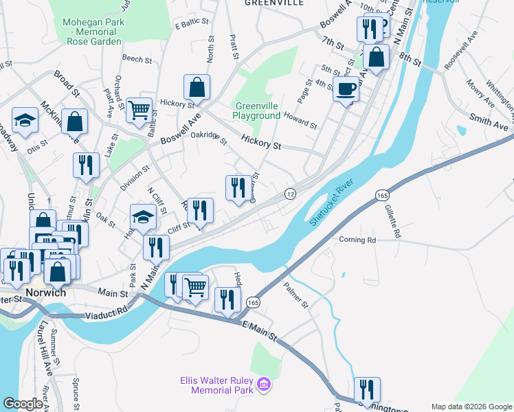 map of restaurants, bars, coffee shops, grocery stores, and more near 25 South Golden Street in Norwich