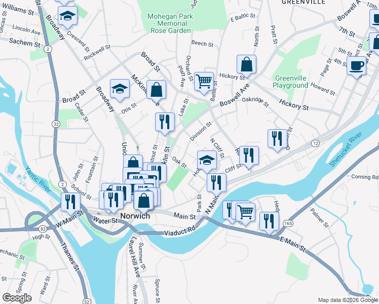 map of restaurants, bars, coffee shops, grocery stores, and more near 29 Boswell Avenue in Norwich