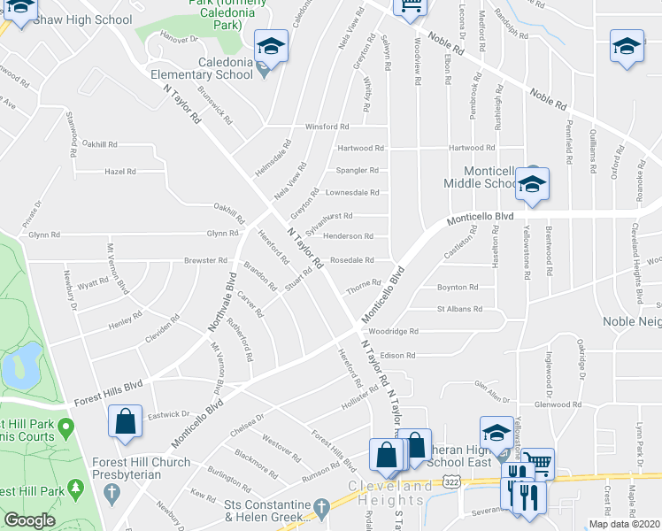 map of restaurants, bars, coffee shops, grocery stores, and more near 3354 Henderson Road in Cleveland Heights
