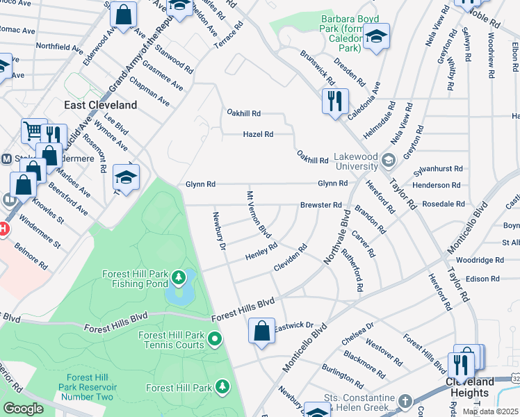 map of restaurants, bars, coffee shops, grocery stores, and more near 15956 Glynn Road in East Cleveland