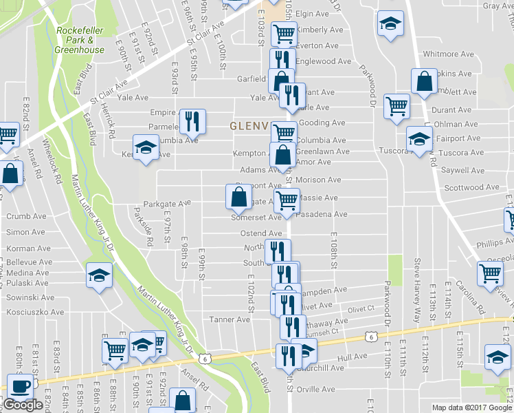 map of restaurants, bars, coffee shops, grocery stores, and more near 10206 Pierpont Avenue in Cleveland