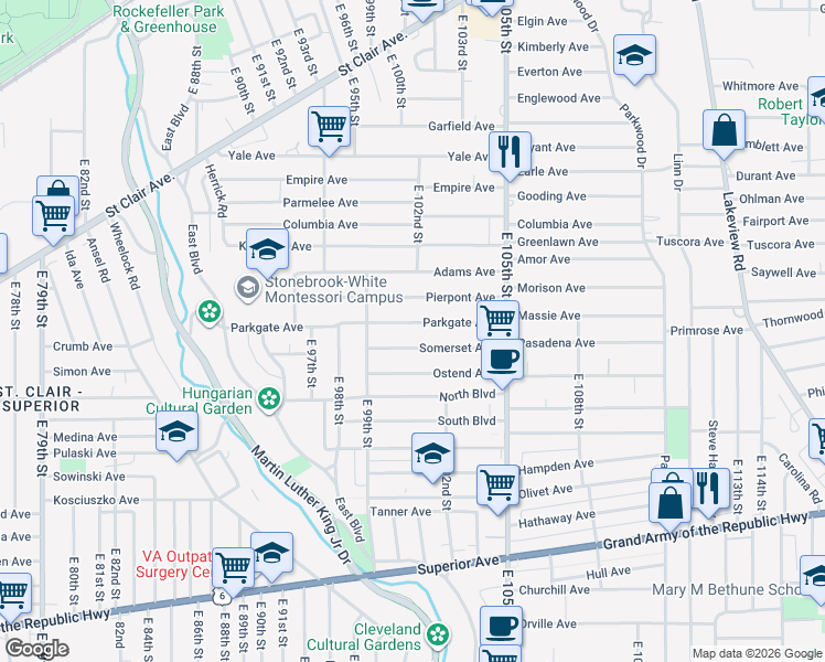 map of restaurants, bars, coffee shops, grocery stores, and more near 10014 Pierpont Avenue in Cleveland
