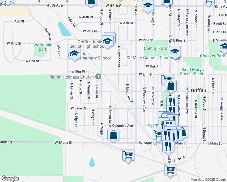 map of restaurants, bars, coffee shops, grocery stores, and more near 418 North Raymond Street in Griffith