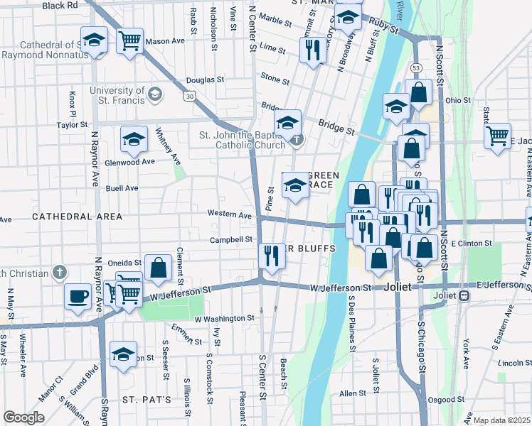 map of restaurants, bars, coffee shops, grocery stores, and more near 314 Pine Street in Joliet