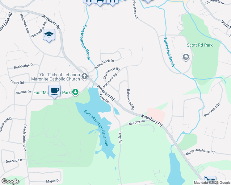 map of restaurants, bars, coffee shops, grocery stores, and more near 15 Bracewood Road in Waterbury