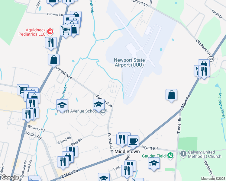 map of restaurants, bars, coffee shops, grocery stores, and more near 610 Forest Avenue in Middletown