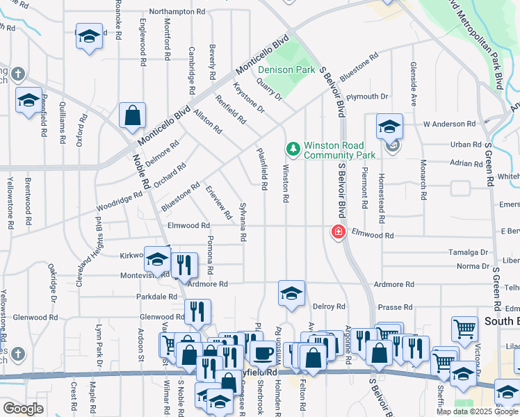 map of restaurants, bars, coffee shops, grocery stores, and more near 1164 Plainfield Road in South Euclid