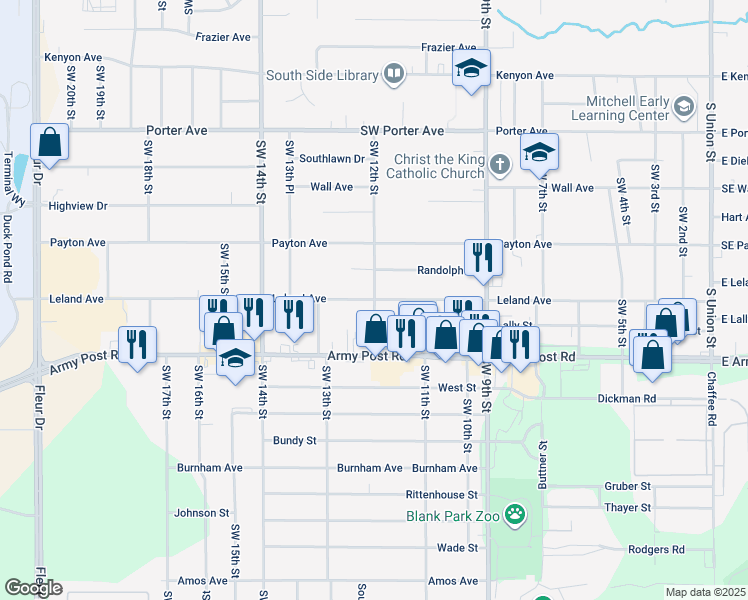 map of restaurants, bars, coffee shops, grocery stores, and more near 1200 Leland Avenue in Des Moines