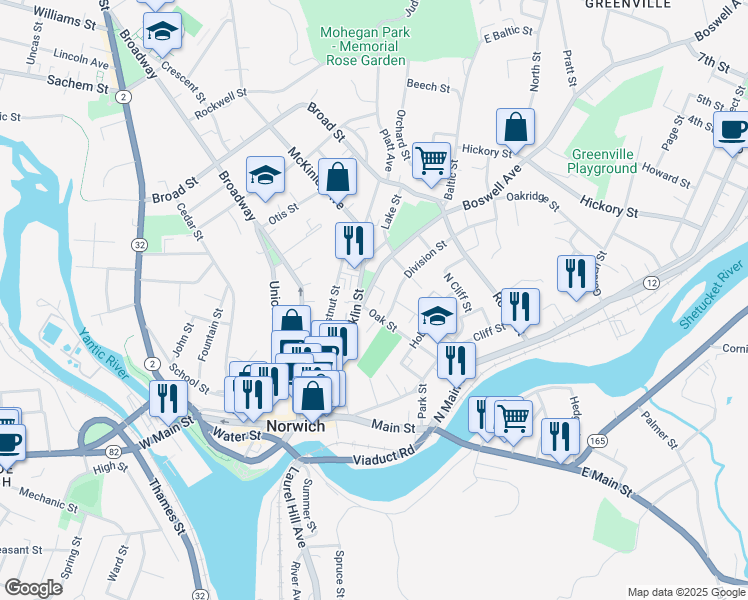 map of restaurants, bars, coffee shops, grocery stores, and more near 29 Boswell Avenue in Norwich