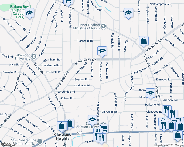 map of restaurants, bars, coffee shops, grocery stores, and more near Haselton Road in Cleveland