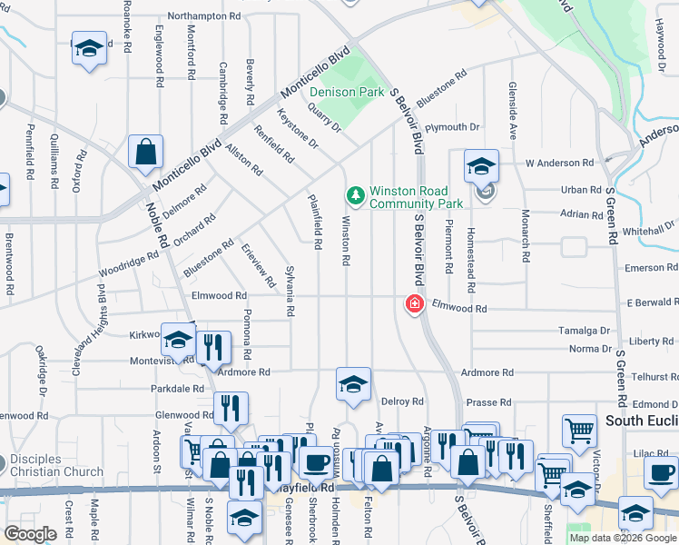 map of restaurants, bars, coffee shops, grocery stores, and more near 1166 Winston Road in South Euclid
