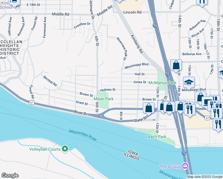 map of restaurants, bars, coffee shops, grocery stores, and more near Holmes Street in Bettendorf