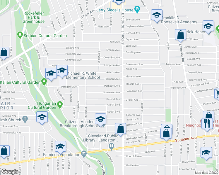 map of restaurants, bars, coffee shops, grocery stores, and more near 10222 Parkgate Avenue in Cleveland
