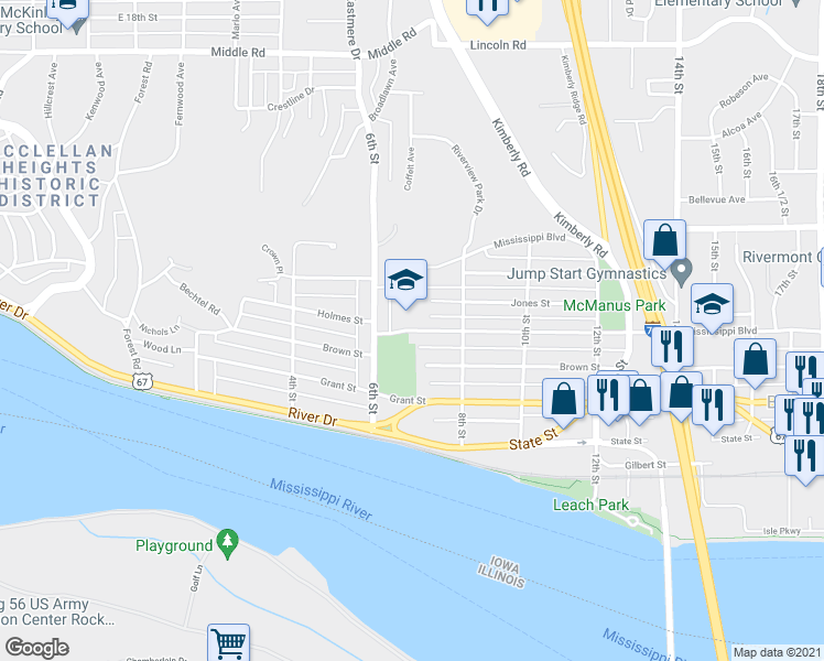 map of restaurants, bars, coffee shops, grocery stores, and more near 610 Holmes Street in Bettendorf