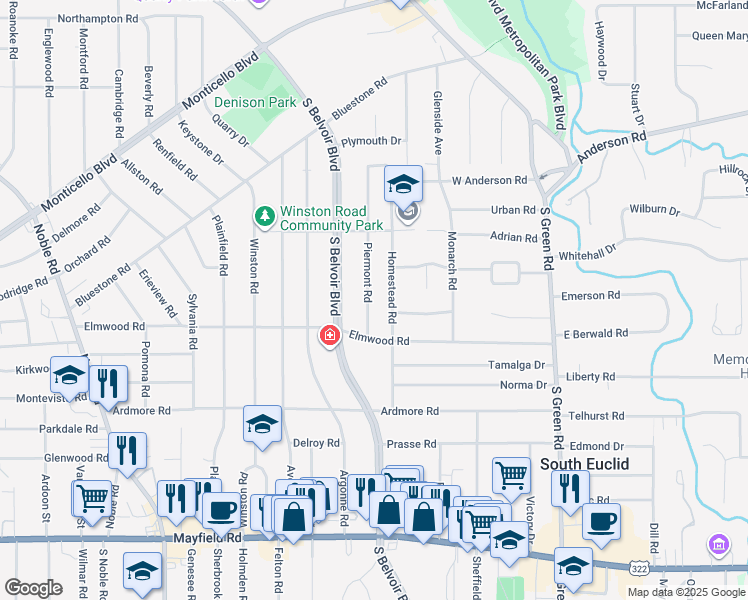 map of restaurants, bars, coffee shops, grocery stores, and more near 1140 Piermont Road in South Euclid