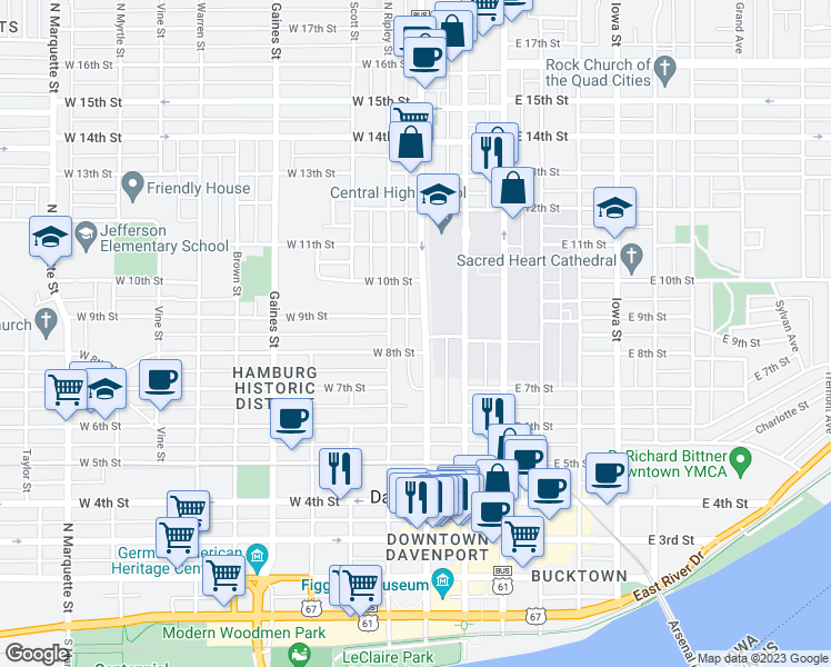 map of restaurants, bars, coffee shops, grocery stores, and more near 820 North Harrison Street in Davenport