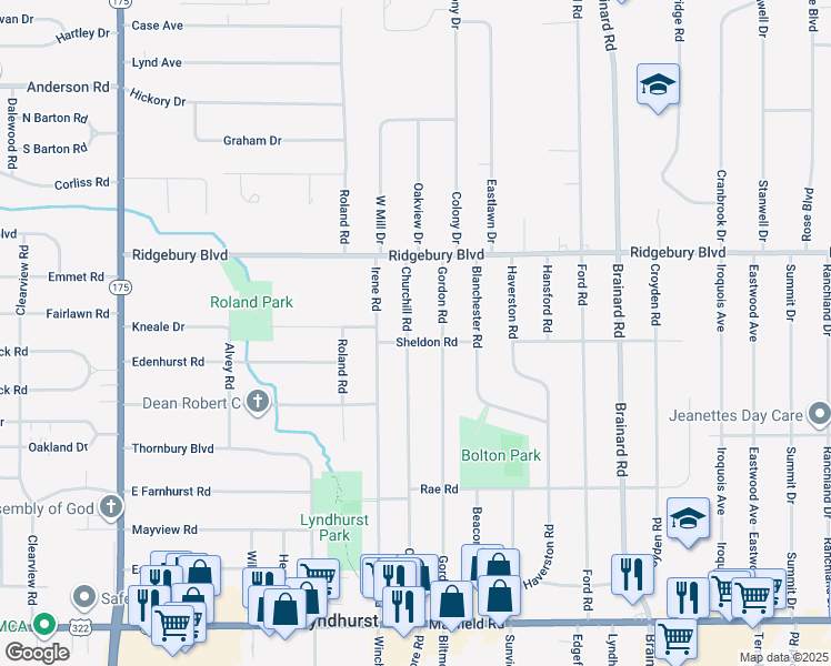 map of restaurants, bars, coffee shops, grocery stores, and more near 1163 Churchill Road in Lyndhurst