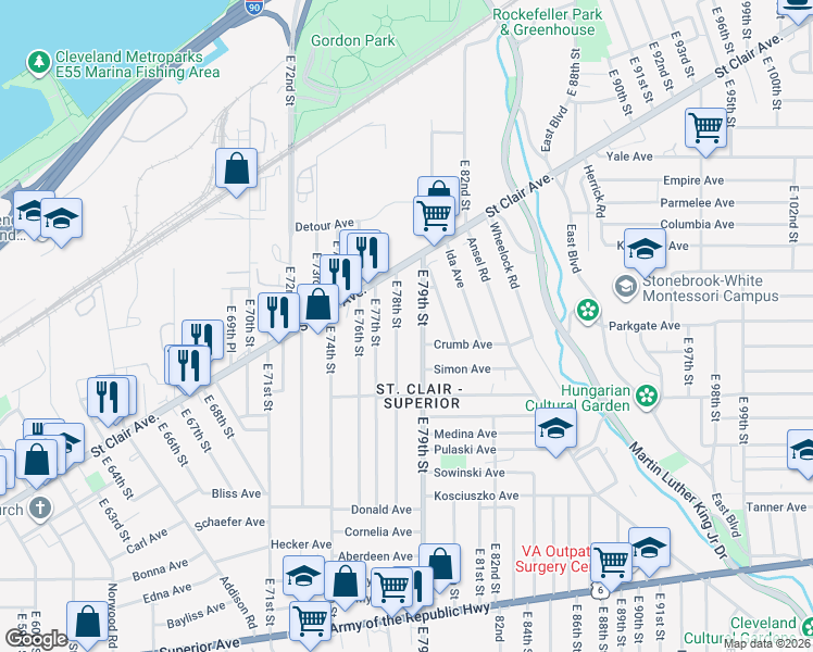 map of restaurants, bars, coffee shops, grocery stores, and more near 977 East 78th Street in Cleveland