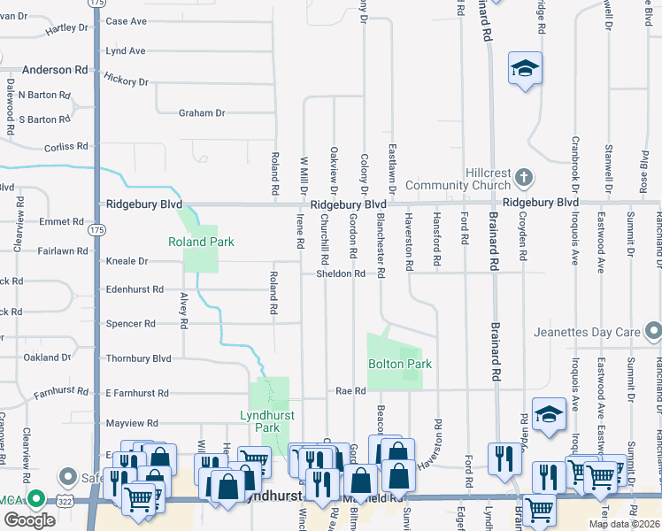 map of restaurants, bars, coffee shops, grocery stores, and more near 1143 Churchill Road in Lyndhurst