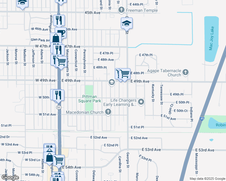 map of restaurants, bars, coffee shops, grocery stores, and more near 601 East 49th Avenue in Gary
