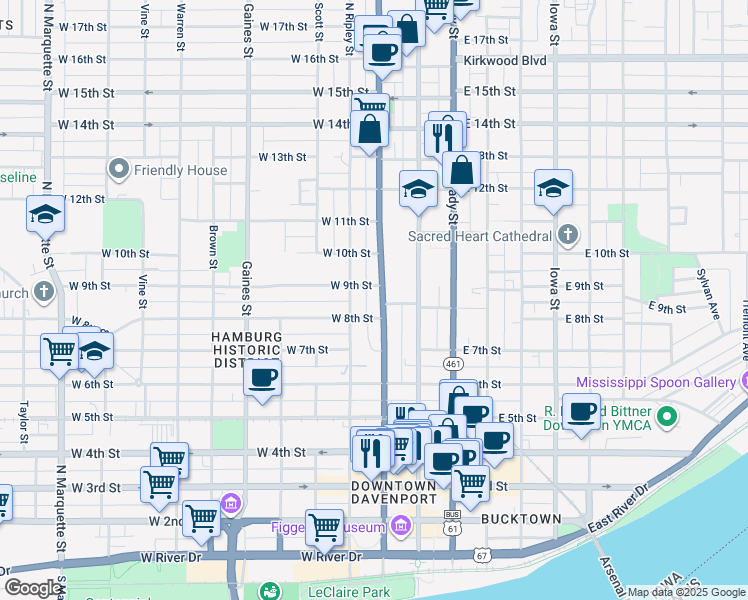 map of restaurants, bars, coffee shops, grocery stores, and more near 820 North Harrison Street in Davenport