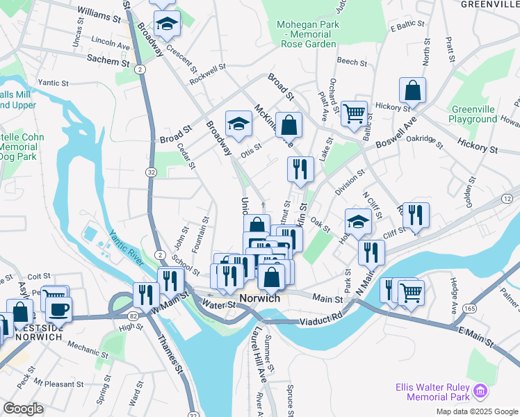 map of restaurants, bars, coffee shops, grocery stores, and more near 89 Union Street in Norwich