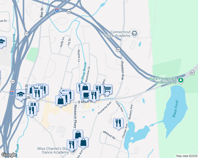 map of restaurants, bars, coffee shops, grocery stores, and more near 139 Valley View Drive in Meriden