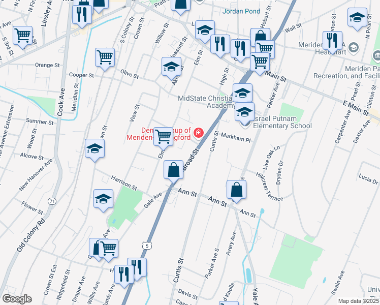 map of restaurants, bars, coffee shops, grocery stores, and more near 14 Woodley Court in Meriden