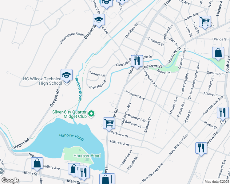 map of restaurants, bars, coffee shops, grocery stores, and more near 435 Bradley Avenue in Meriden