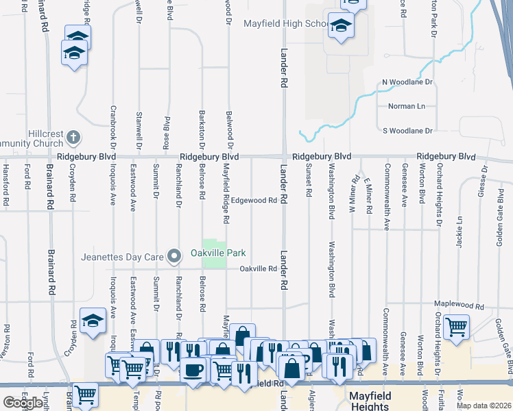map of restaurants, bars, coffee shops, grocery stores, and more near 1157 Elmwood Road in Mayfield Heights