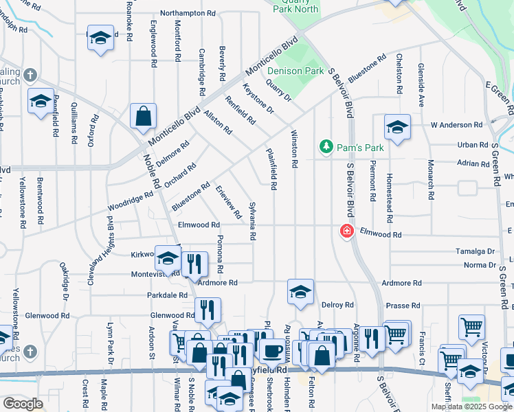 map of restaurants, bars, coffee shops, grocery stores, and more near 1155 Sylvania Road in Cleveland Heights