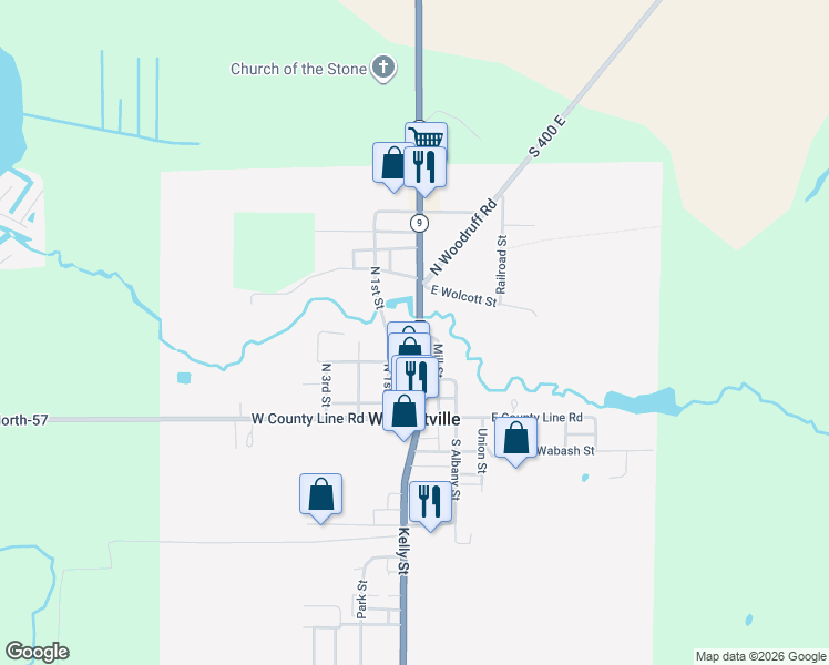 map of restaurants, bars, coffee shops, grocery stores, and more near 211 North Main Street in Wolcottville