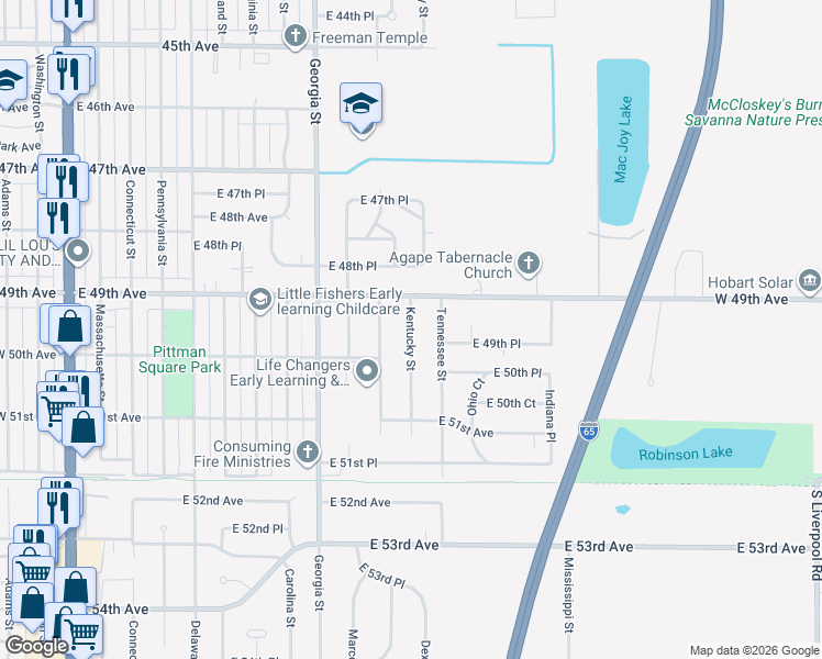 map of restaurants, bars, coffee shops, grocery stores, and more near 4921 Kentucky St in Gary