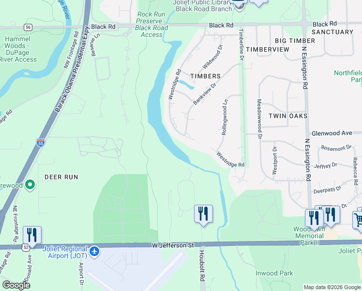 map of restaurants, bars, coffee shops, grocery stores, and more near 301 Westridge Road in Joliet