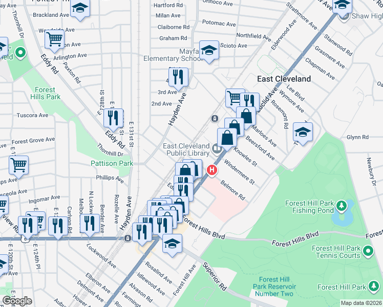 map of restaurants, bars, coffee shops, grocery stores, and more near 1711 Elsinore Avenue in East Cleveland