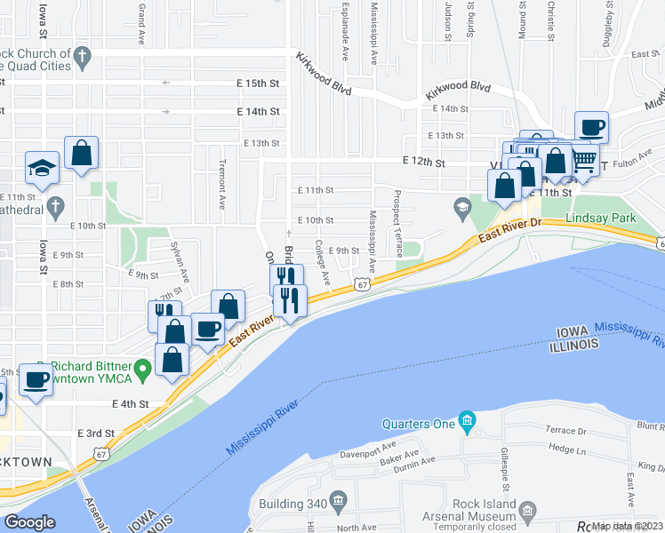 map of restaurants, bars, coffee shops, grocery stores, and more near 833 College Avenue in Davenport