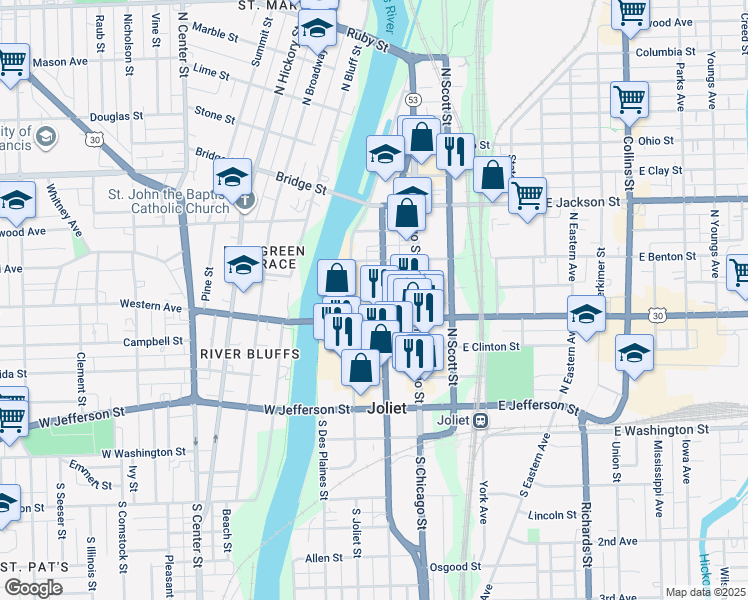 map of restaurants, bars, coffee shops, grocery stores, and more near 215 North Ottawa Street in Joliet