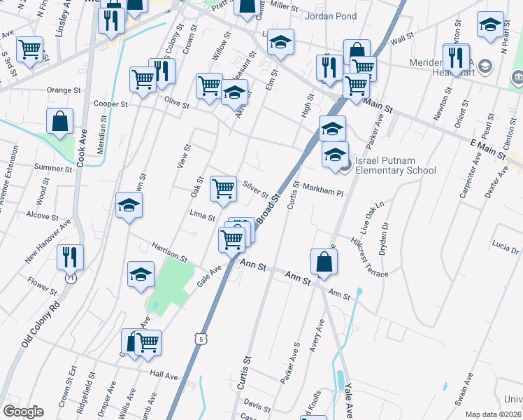 map of restaurants, bars, coffee shops, grocery stores, and more near 14 Woodley Court in Meriden